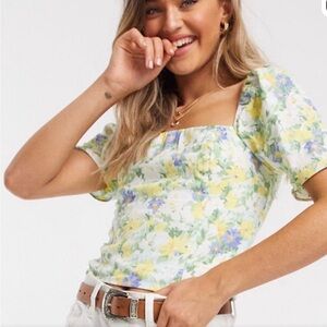 Abercrombie & Fitch XS Floral Puff Sleeve Linen Blend Cottagecore Top